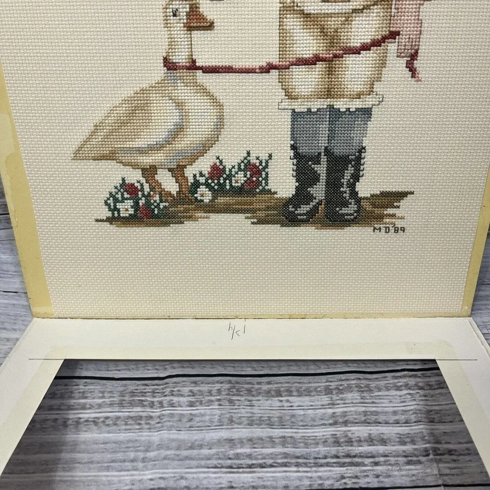 Vintage Finished Cross Stitch English Victorian Boy w/ Duck 1989 16x12